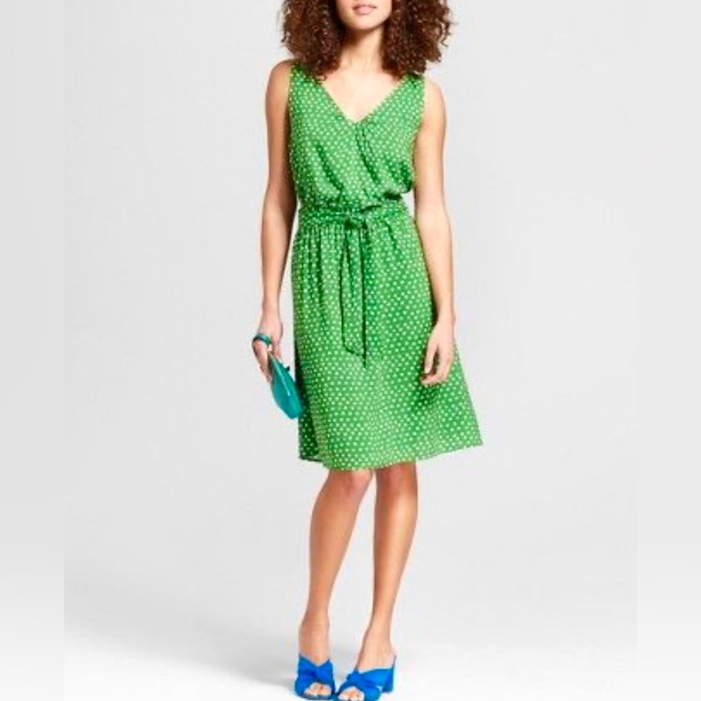 Women’s A New Day Green Polka Dot Sleeveless V Neck Lined Dress, Size Medium
